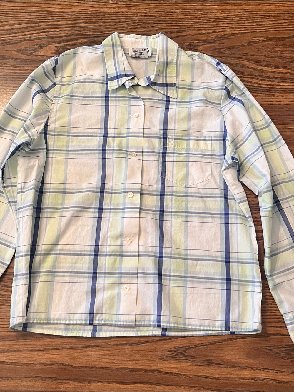 Vintage 90s Escada Sport Light Blue & Lime Green Plaid Button-Down Shirt